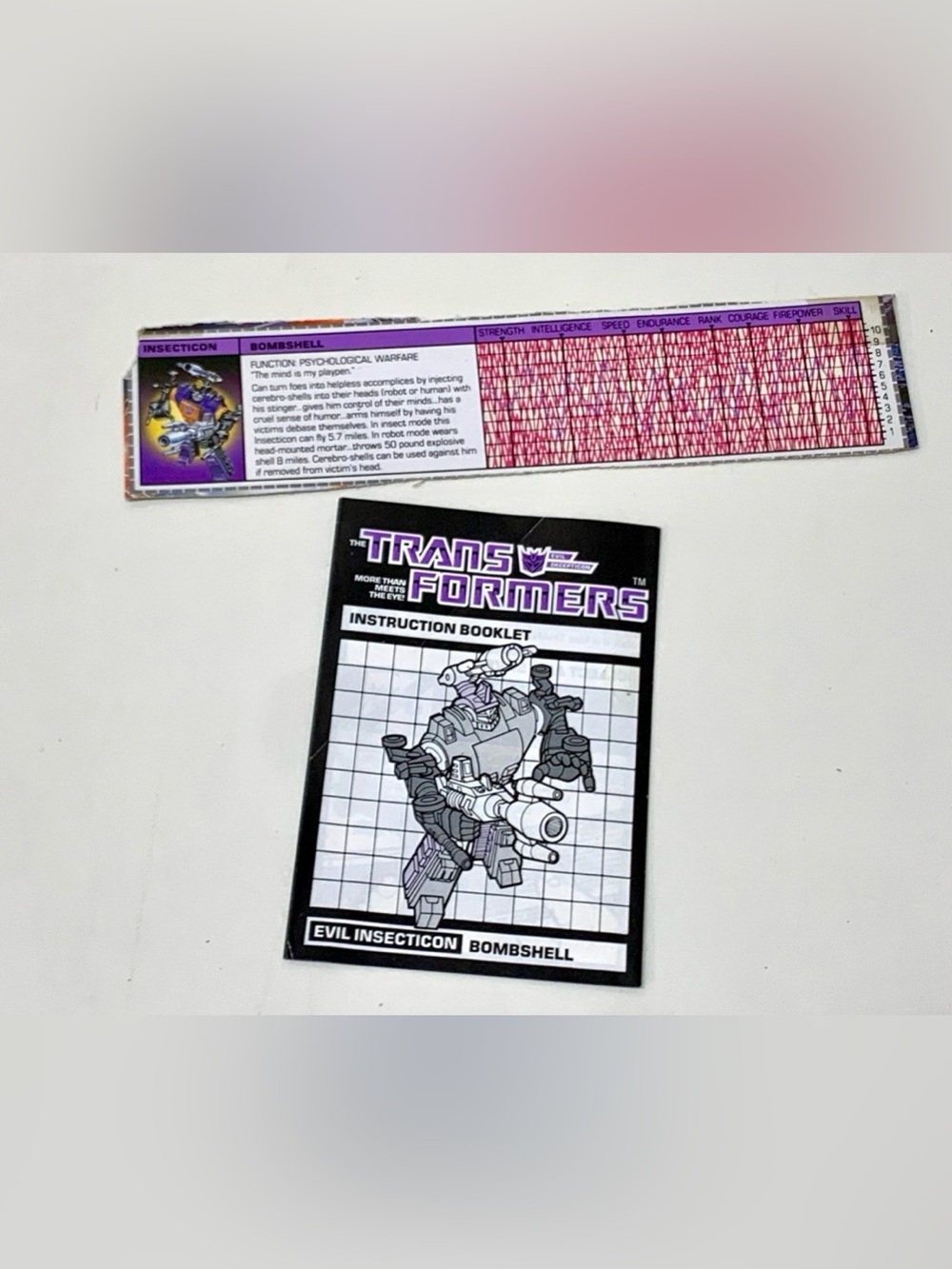 1985 Vintage Transformers G1 Insecticon Bombshell Tech Stat Card & Booklet